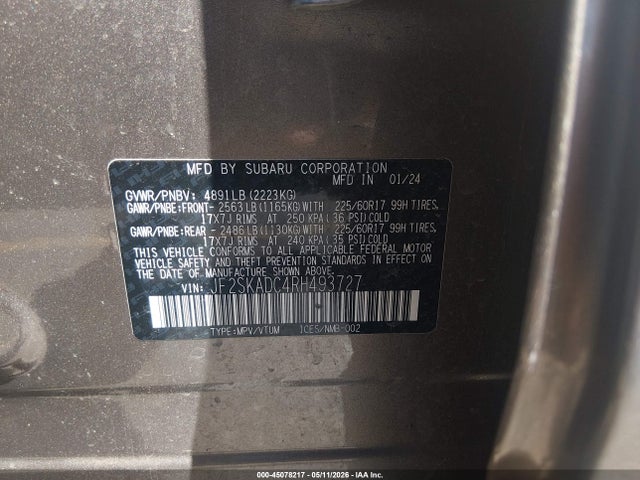 Продаж на аукціоні авто 2024 Subaru Forester Premium, vin: JF2SKADC4RH493727, номер лоту: 45078217