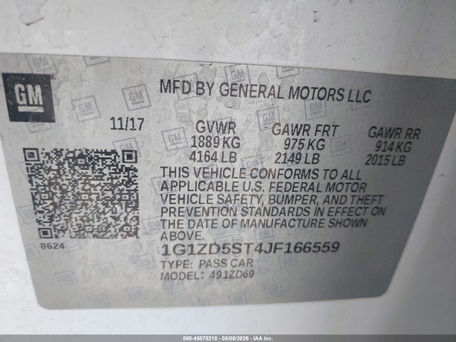 Продаж на аукціоні авто 2018 Chevrolet Malibu Lt, vin: 1G1ZD5ST4JF166559, номер лоту: 45078218