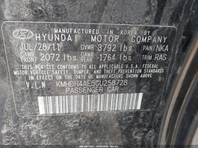 45078221 :رقم المزاد ، KMHDH4AE5CU258728 vin ، 2012 Hyundai Elantra Gls (ulsan Plant) مزاد بيع