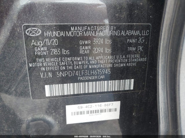 Aukcja sprzedaży 2020 Hyundai Elantra Se, vin: 5NPD74LF3LH615945, numer aukcji: 45078225