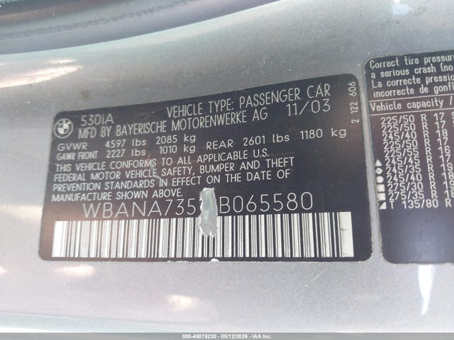 Aukcja sprzedaży 2004 Bmw 530i, vin: WBANA73514B065580, numer aukcji: 45078230