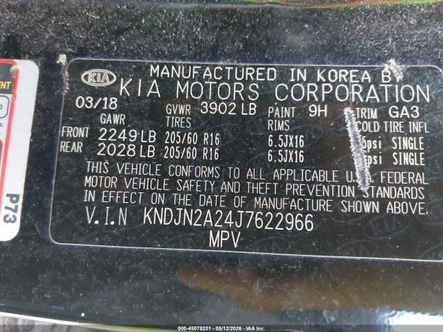45078231 :رقم المزاد ، KNDJN2A24J7622966 vin ، 2018 Kia Soul مزاد بيع