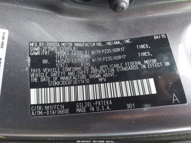 45078237 :رقم المزاد ، 5TDKK3DC6FS611410 vin ، 2015 Toyota Sienna Le 7 Passenger/le 8 Passenger مزاد بيع