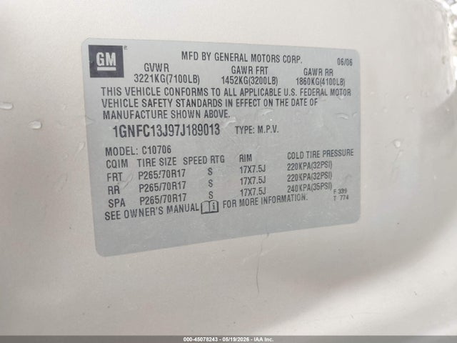 Aukcja sprzedaży 2007 Chevrolet Tahoe Lt, vin: 1GNFC13J97J189013, numer aukcji: 45078243