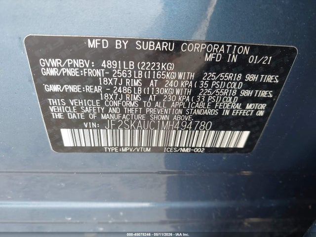 Aukcja sprzedaży 2021 Subaru Forester Limited, vin: JF2SKAUC1MH494780, numer aukcji: 45078246