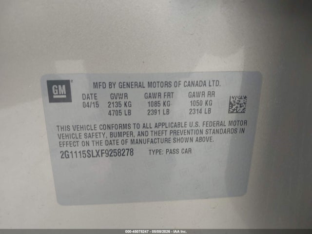 Aukcja sprzedaży 2015 Chevrolet Impala 1lt, vin: 2G1115SLXF9258278, numer aukcji: 45078247