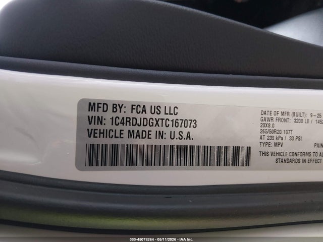 2026 Dodge Durango Gt მანქანა იყიდება აუქციონზე, vin: 1C4RDJDGXTC167073, აუქციონის ნომერი: 45078264
