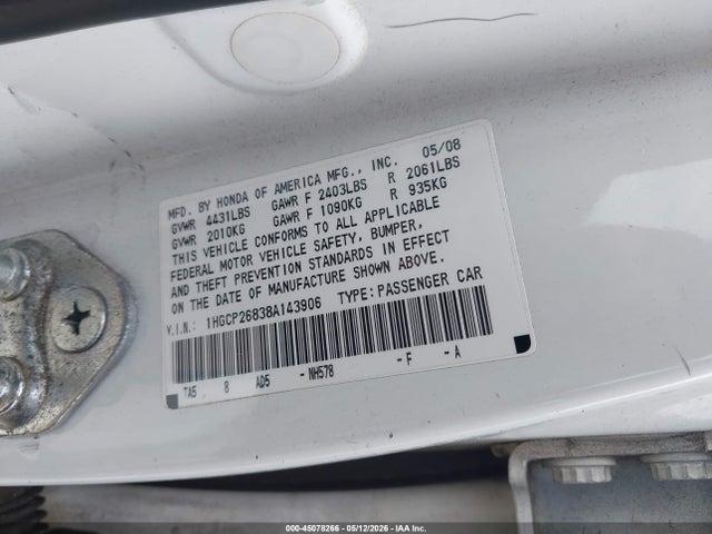 Aukcja sprzedaży 2008 Honda Accord 2.4 Ex-l, vin: 1HGCP26838A143906, numer aukcji: 45078266