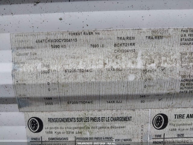 2012 Forest River Cherokee Grey Wolf 21rr Toy Hauler Travel Trailer მანქანა იყიდება აუქციონზე, vin: 4X4TCKW20CY204113, აუქციონის ნომერი: 45078270