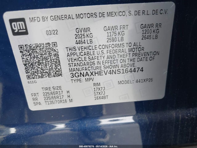 3GNAXHEV4NS164474 Chevrolet Equinox Fwd Ls