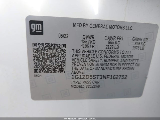 1G1ZD5ST3NF162752 Chevrolet Malibu Fwd Lt