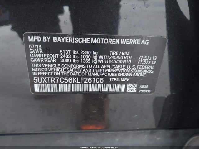 Aukcja sprzedaży 2019 Bmw X3 Sdrive30i, vin: 5UXTR7C56KLF26106, numer aukcji: 45078303