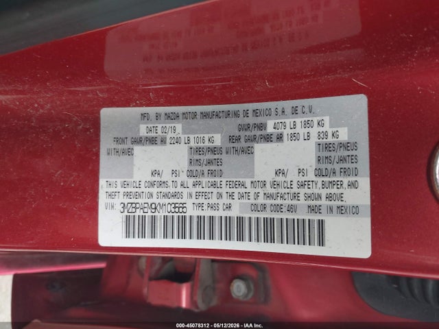 2019 Mazda Mazda3 Premium Package მანქანა იყიდება აუქციონზე, vin: 3MZBPAEM9KM103565, აუქციონის ნომერი: 45078312