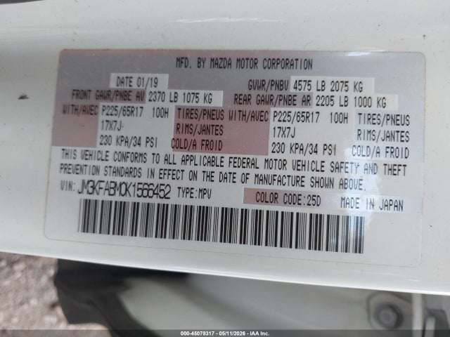 Продаж на аукціоні авто 2019 Mazda Cx-5 Sport, vin: JM3KFABM0K1566452, номер лоту: 45078317