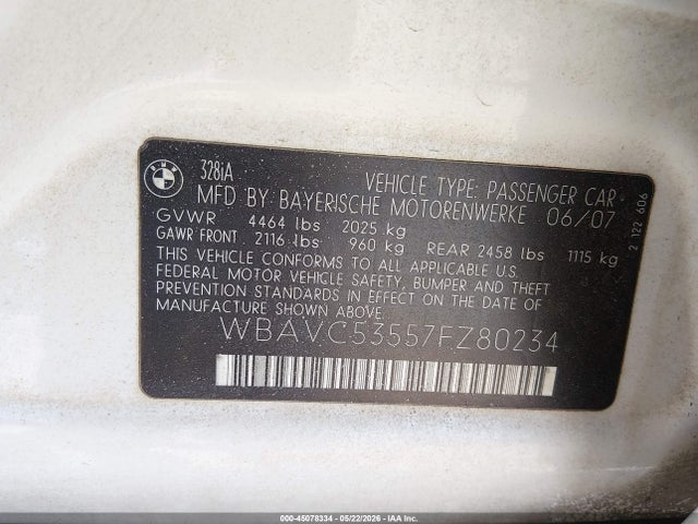 Aukcja sprzedaży 2007 Bmw 328i, vin: WBAVC53557FZ80234, numer aukcji: 45078334