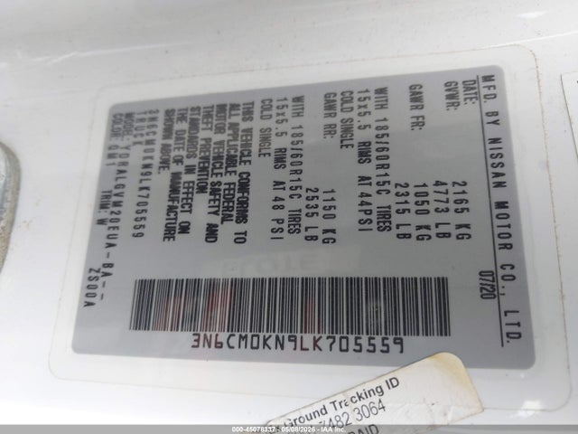 45078337 :رقم المزاد ، 3N6CM0KN9LK705559 vin ، 2020 Nissan Nv200  Cargo Sv Xtronic Cvt مزاد بيع