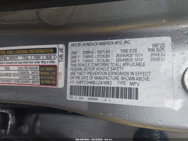 Auction sale of the 2020 Acura Rdx A-spec Package, vin: 5J8TC2H68LL041683, lot number: 45078341