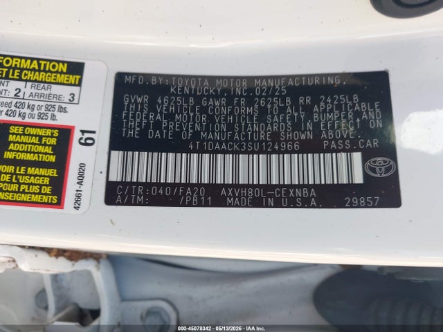 2025 Toyota Camry Le მანქანა იყიდება აუქციონზე, vin: 4T1DAACK3SU124966, აუქციონის ნომერი: 45078342