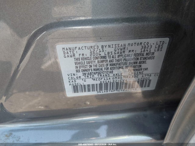 2016 Nissan Sentra Sv მანქანა იყიდება აუქციონზე, vin: 3N1AB7AP9GY210148, აუქციონის ნომერი: 45078343