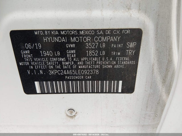 Продажа на аукционе авто 2020 Hyundai Accent Se, vin: 3KPC24A65LE092378, номер лота: 45078352