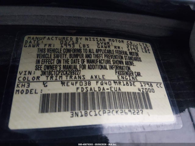 Продаж на аукціоні авто 2012 Nissan Versa 1.8 S, vin: 3N1BC1CP2CK269227, номер лоту: 45078353