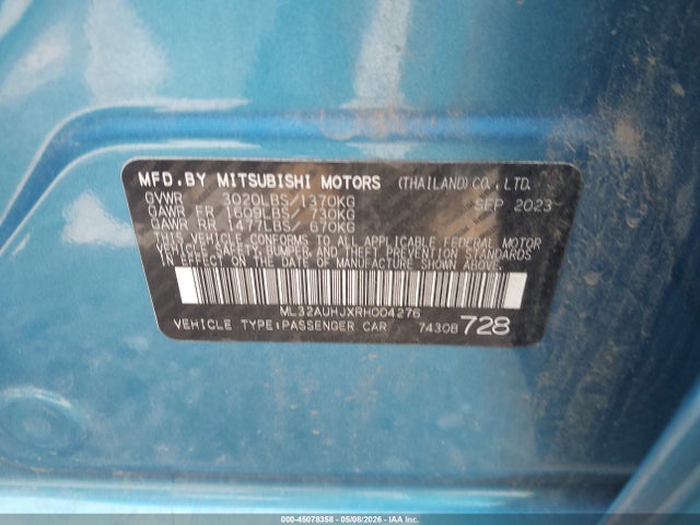 Aukcja sprzedaży 2024 Mitsubishi Mirage Es, vin: ML32AUHJXRH004276, numer aukcji: 45078358
