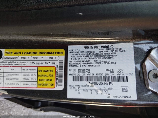 Aukcja sprzedaży 2019 Ford Fusion Se, vin: 3FA6P0HD5KR148490, numer aukcji: 45078360