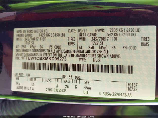 45078372 :رقم المزاد ، 1FTEW1CBXMKD95273 vin ، 2021 Ford F-150 Xl مزاد بيع