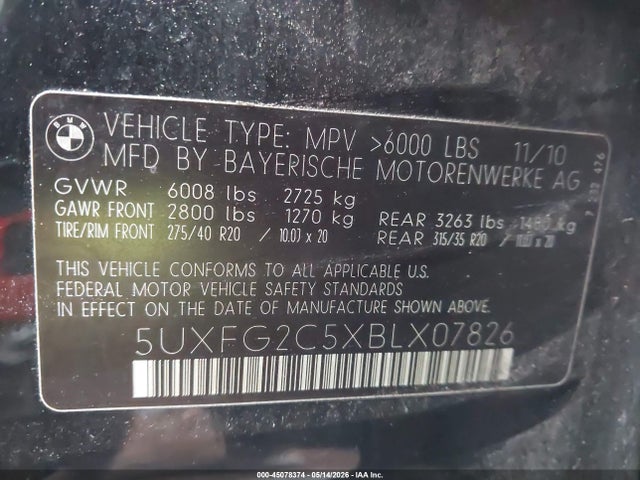 2011 Bmw X6 Xdrive35i მანქანა იყიდება აუქციონზე, vin: 5UXFG2C5XBLX07826, აუქციონის ნომერი: 45078374