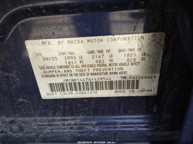 Продажа на аукционе авто 2006 Mazda Mazda3 S, vin: JM1BK144761439544, номер лота: 45078375