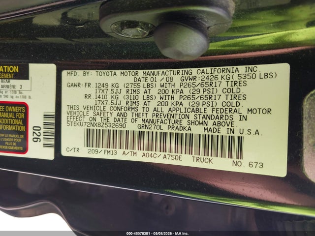 Продаж на аукціоні авто 2008 Toyota Tacoma Prerunner V6, vin: 5TEKU72NX8Z532690, номер лоту: 45078381