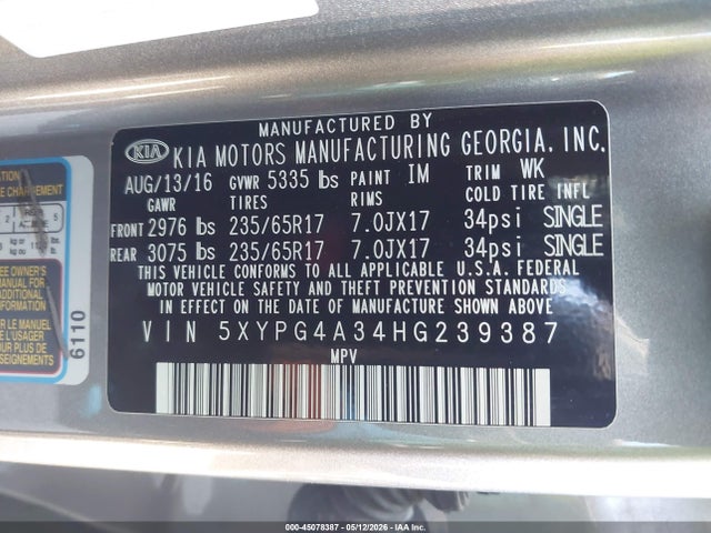 45078387 :رقم المزاد ، 5XYPG4A34HG239387 vin ، 2017 Kia Sorento 2.4l Lx مزاد بيع