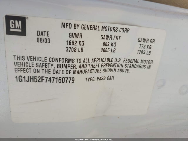 45078401 :رقم المزاد ، 1G1JH52F747160779 vin ، 2004 Chevrolet Cavalier Ls Sport مزاد بيع