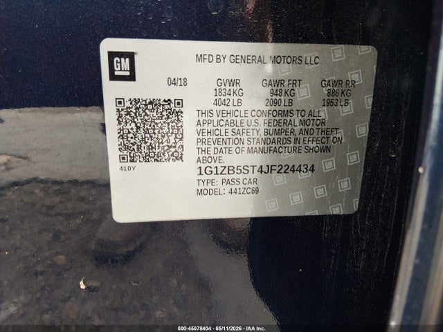 Aukcja sprzedaży 2018 Chevrolet Malibu 1ls, vin: 1G1ZB5ST4JF224434, numer aukcji: 45078404