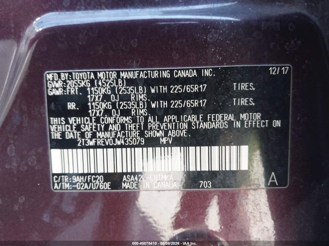 2T3WFREV0JW435079 Toyota Rav4 Xle