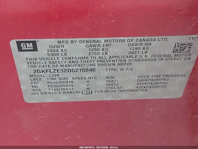 Aukcja sprzedaży 2013 Gmc Terrain Denali, vin: 2GKFLZE32D6216846, numer aukcji: 45078413