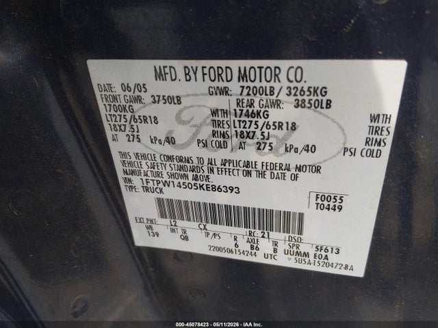Продажа на аукционе авто 2005 Ford F-150 Fx4/lariat/xlt, vin: 1FTPW14505KE86393, номер лота: 45078423