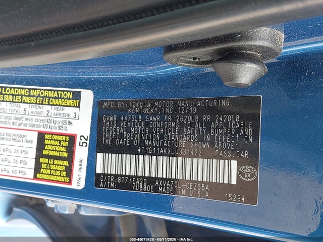 45078428 :رقم المزاد ، 4T1G11AKXLU331422 vin ، 2020 Toyota Camry Se مزاد بيع