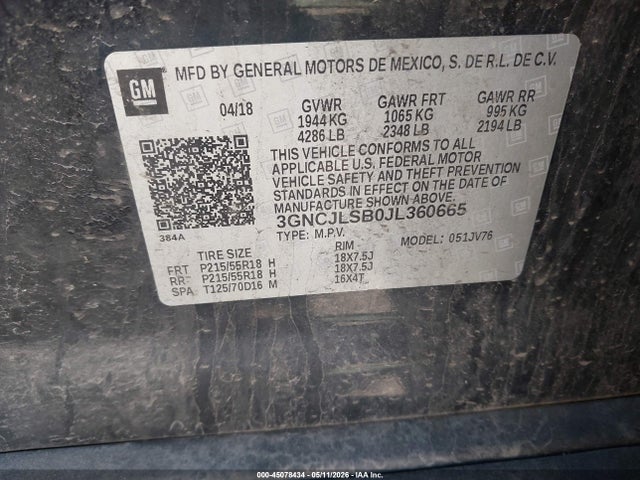 Продаж на аукціоні авто 2018 Chevrolet Trax Lt, vin: 3GNCJLSB0JL360665, номер лоту: 45078434