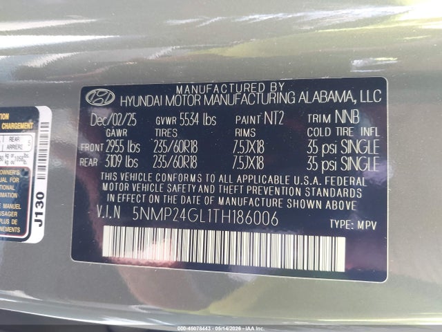 2026 Hyundai Santa Fe Sel მანქანა იყიდება აუქციონზე, vin: 5NMP24GL1TH186006, აუქციონის ნომერი: 45078443
