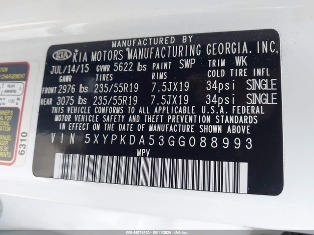 5XYPKDA53GG088993 KIA Sorento 3.3l Sxl