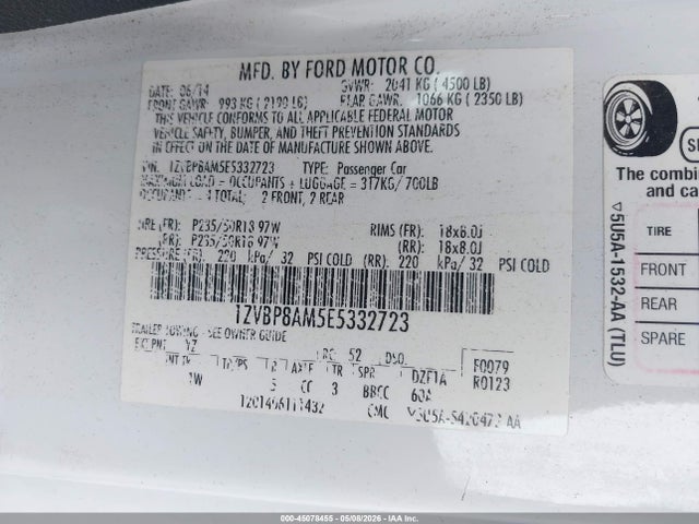 45078455 :رقم المزاد ، 1ZVBP8AM5E5332723 vin ، 2014 Ford Mustang V6 مزاد بيع