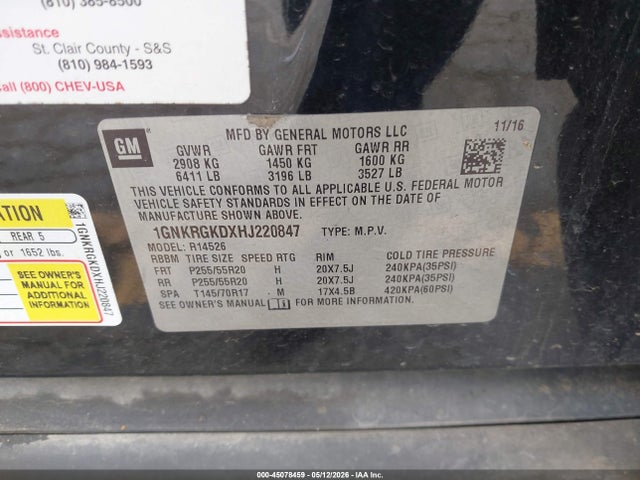 45078459 :رقم المزاد ، 1GNKRGKDXHJ220847 vin ، 2017 Chevrolet Traverse 1lt مزاد بيع