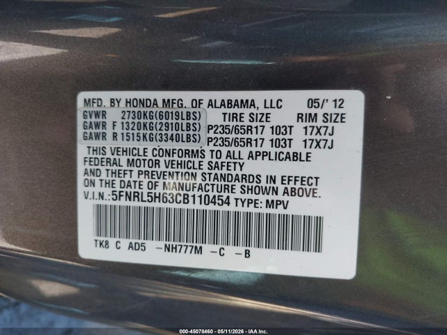 45078460 :رقم المزاد ، 5FNRL5H63CB110454 vin ، 2012 Honda Odyssey Ex-l مزاد بيع