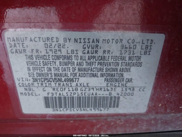 45078462 :رقم المزاد ، 3N1CP5CV5NL499677 vin ، 2022 Nissan Kicks Sv Xtronic Cvt مزاد بيع