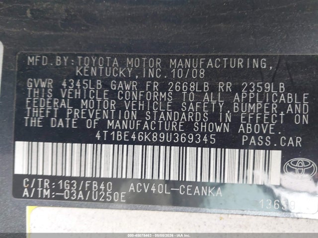 Aukcja sprzedaży 2009 Toyota Camry Le, vin: 4T1BE46K89U369345, numer aukcji: 45078463