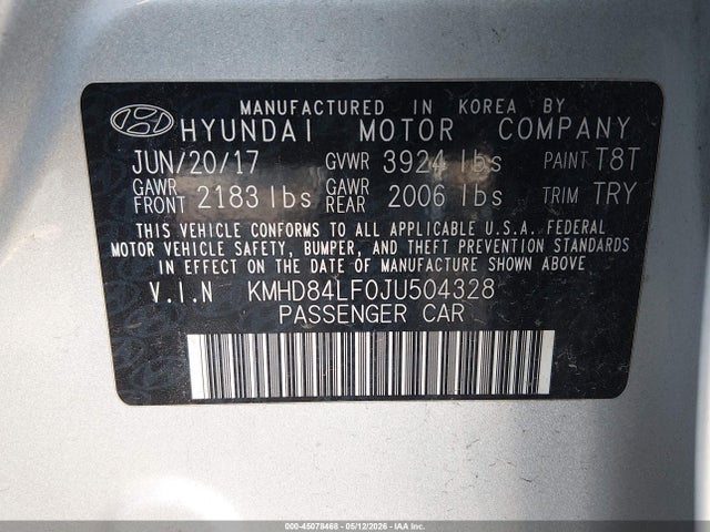 45078468 :رقم المزاد ، KMHD84LF0JU504328 vin ، 2018 Hyundai Elantra Sel مزاد بيع
