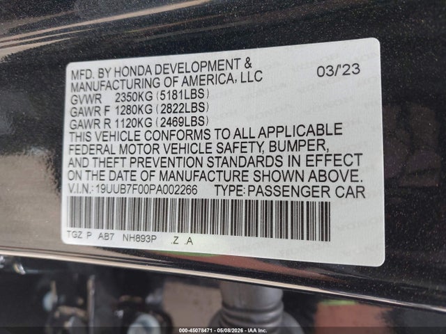 2023 Acura Tlx Type S/type S Pmc Edition მანქანა იყიდება აუქციონზე, vin: 19UUB7F00PA002266, აუქციონის ნომერი: 45078471