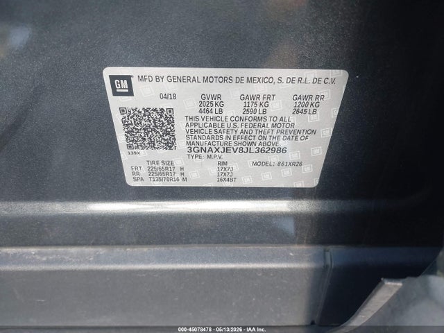 Продаж на аукціоні авто 2018 Chevrolet Equinox Lt, vin: 3GNAXJEV8JL362986, номер лоту: 45078478