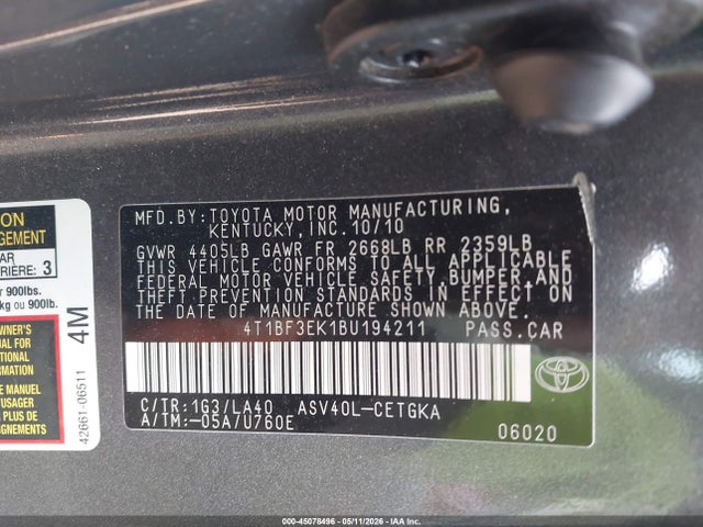 45078496 :رقم المزاد ، 4T1BF3EK1BU194211 vin ، 2011 Toyota Camry Xle مزاد بيع